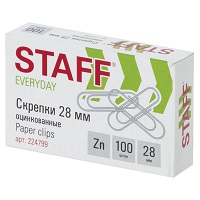 Скрепки STAFF EVERYDAY, 28 мм, оцинкованные, 100 шт., в картонной коробке, РОССИЯ, 224799