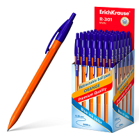 Ручка шариковая автоматическая " Erich Krause " R-301 Orange Matic синяя 0,7мм рифленый держатель, ц