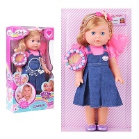 268556   Кукла 35см, озвуч. Шаинский музыка, 15  песен, в джинс. сарафане в кор. Карапуз в кор.18шт