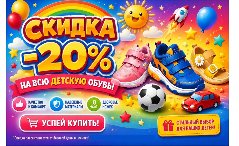 Скидка 20% на детскую обувь!