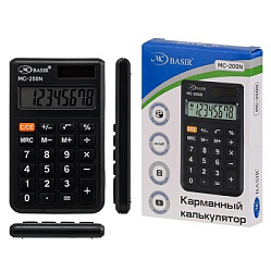 Калькулятор карманный 8 разрядов " Basir " МС-200N, 103*72*14мм, батарейка, черный, 10131010/150921/