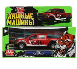 Машина металл FORD F150 RAPTOR ХИЩНИКИ 12 см, двер, баг, инер, красный, кор. Технопарк в кор.2*36шт