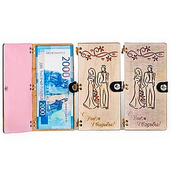 Конверт для денег деревянный (купюрница) " С Днем свадьбы " Пара, на кнопке, фигурная вырезка, 165*1