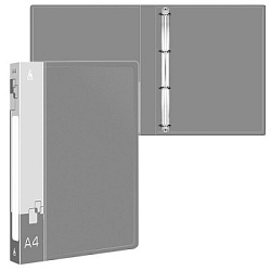 Папка 4 кольца " Бюрократ " А4 27мм серая, пластик 0,7мм, бумажная вставка во внешний кармашек