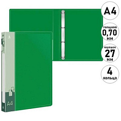 Папка 4 кольца " Бюрократ " А4 27мм зеленая, пластик 0,7мм, бумажная вставка во внешний кармашек