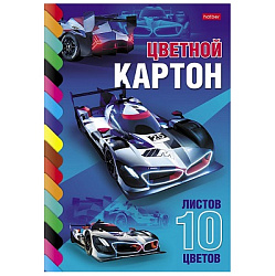 Картон цветной А4 10л 10цв " Hatber " Супер гонки, на клею