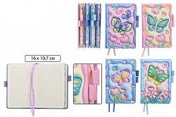 Блокнот А6 искусственная кожа  80л " Basir " Бабочки (ассорти), клетка, сшивка, цветная обложка с по