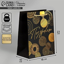 Пакет подарочный, упаковка, «Поздравляю», чёрный крафт, 18×23×10 см