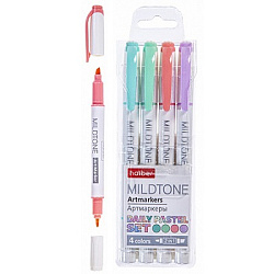 Набор артмаркеров " Hatber " 4цв Mildtone Pastel, двухсторонние, 1,0-4,0мм, прозрачный ПВХ-бокс, 100