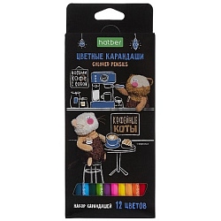 Карандаши цветные деревянные ECO Кофейные коты 12цв " Hatber " шестигранные, картонная упаковка, евр