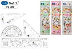Набор линеек 4предмета прозрач. пластик ЗАЙЧИКИ (2 треуг, транспортир, линейка 20см с трафаретом)