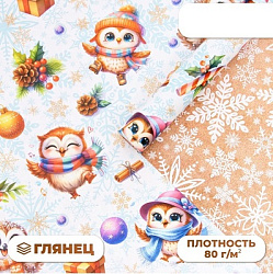 Бумага упаковочная новогодняя «Совушки», глянцевая, двусторонняя, 80 г/м², 70×100 см