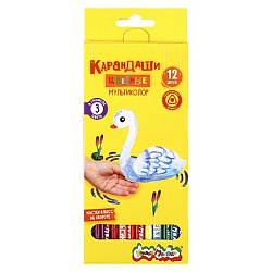 Карандаши цветные деревянные с многоцветным грифелем 12шт " Каляка-Маляка " 6М трехгранные, картонна
