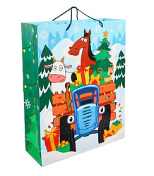 Пакет подарочный новогодний, 31х40х11.5 см, упаковка, Синий трактор