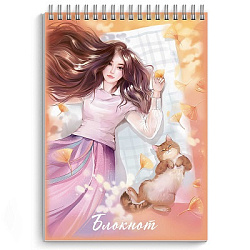 Блокнот А7 гребень  40л ДЕВУШКА С КОТИКОМ клетка арт.68167 (1/5/120шт)