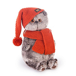 Ks25-075 Игрушка Кот Басик в вязаной  шапке и шарфе