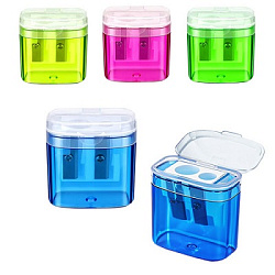 Точилка " KWELT " 4*3,5*2см пластиковая Bucket 2 отверстия, с контейнером, цвет ассорти (4 цвета), п