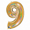 Фольгированный шар (40"/102см) Цифра "9" Золото голография №729GHG5-P