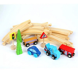 Деревянная железная дорога СИНИЙ ТРАКТОР 21 элемент, коробка Буратино в кор.40шт