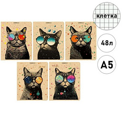 Тетрадь А5  48л клетка " Академия Групп " Коты в очках, офсет, на скобе, обложка - мелованный картон