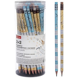 Карандаш ч/гр " Hatber " 2х2 НВ с ластиком, ассорти, круглый, заточенный, пластиковая туба