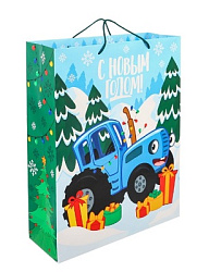 Пакет подарочный новогодний, 31х40х11.5 см, упаковка, Синий трактор