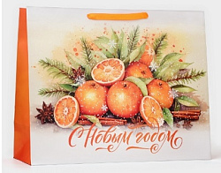 Пакет новогодний ламинированный горизонтальный "Мандаринки", XL 49 × 40 × 19 см.